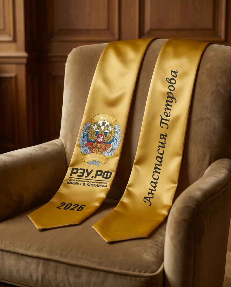 Золотой стол с символикой РЭУ на мраморной лестнице